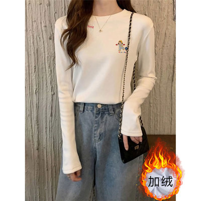 白色纯棉长袖t恤女2025新款爆款秋冬季加绒内搭可外穿打底衫上衣