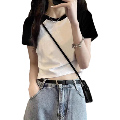 夏季新款撞色正肩短袖T恤显瘦女