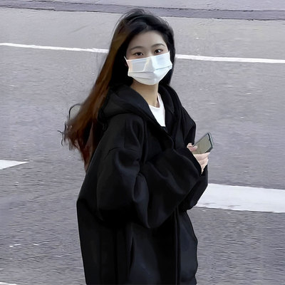 黑色连帽女士卫衣2025新款爆款时尚洋气秋冬加绒加厚开衫拉链外套