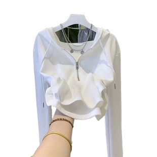 辣妹短款连帽上衣女2026早春新款欧货秋冬季不规则长袖t恤打底衫