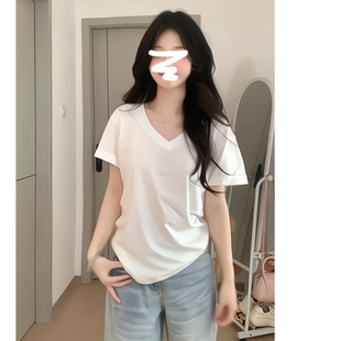 宽松显瘦高端欧货潮牌上衣 白色v领纯棉短袖 t恤女2025新款 爆款 夏季