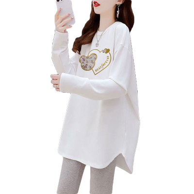 白色纯棉长袖t恤女装中长款上衣