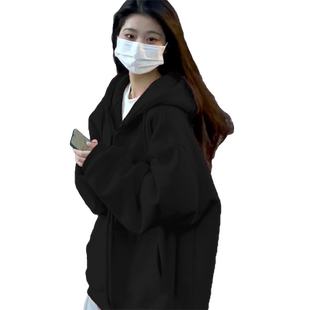 春秋黑色女士卫衣2026新款爆款冬季加绒加厚oversize开衫连帽外套
