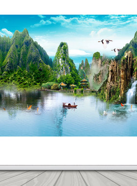 青山绿水装饰画 流水生财壁画 客厅办公室背景墙自粘贴纸墙画