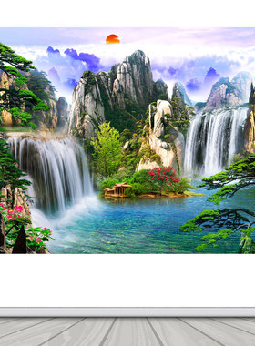 紫气东来山水装饰画富水长流迎客松招财风景画客厅办公室自粘贴画