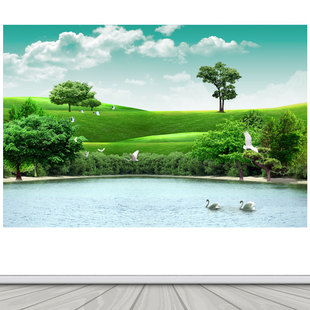 春色美景护眼壁画 湖水绿草地背景墙画 沙发背景墙自粘贴纸画