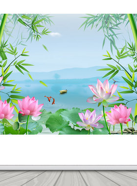 竹子荷花风景画九鱼图竹报平安背景墙装饰画客厅房间招财贴纸画
