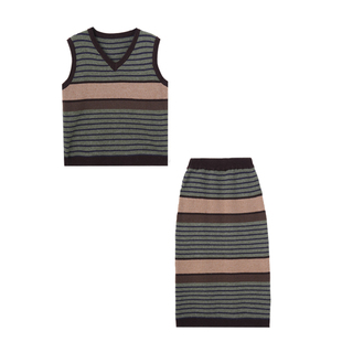 针织半身裙套装 复古宽松条纹马甲 韩版 947 清仓狂欢