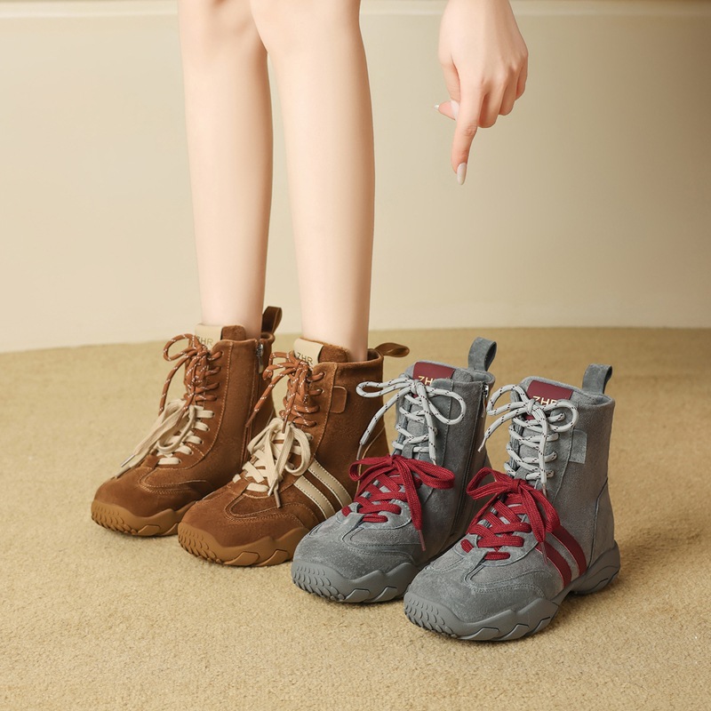 ZHR厚底加绒拳击短靴女2025秋冬款超软耐磨马丁靴防滑保暖休闲鞋