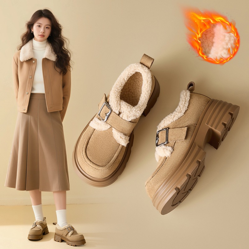 ZHR乐福洋气厚底毛绒单鞋女2025新款气质百搭加绒保暖小皮鞋增高