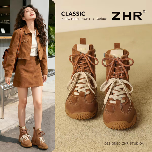 ZHR厚底加绒拳击短靴女2026秋冬款超软耐磨马丁靴防滑保暖休闲鞋