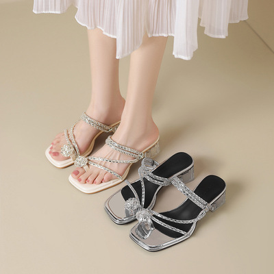 ZHR粗跟凉鞋女2026夏季新品外穿水钻夹趾法式轻奢高级凉拖鞋