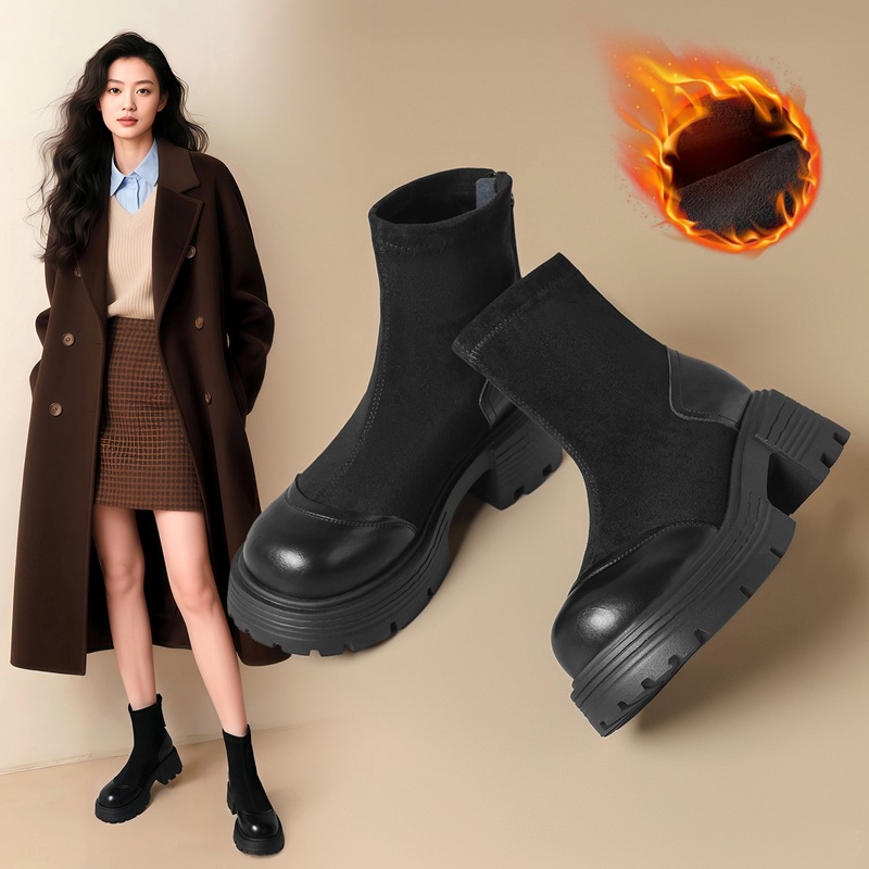 ZHR复古圆头厚底6cm弹力袜靴女2025新款保暖后拉链好穿显高瘦瘦靴