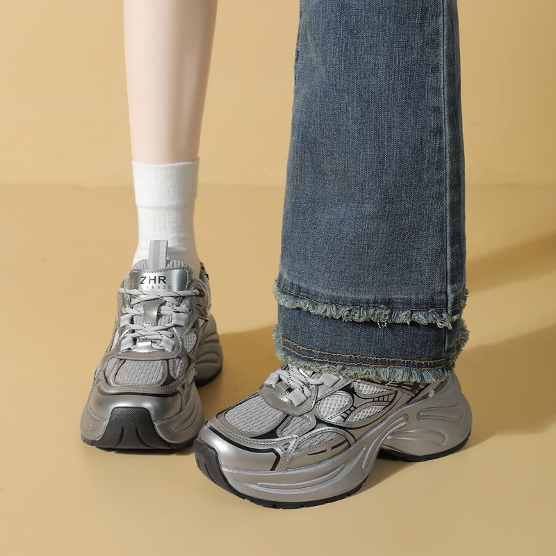 ZHR银色厚底老爹鞋女鞋2025秋冬款加绒保暖休闲鞋百搭增高运动鞋