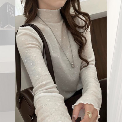 韩系波点蕾丝木耳边高领