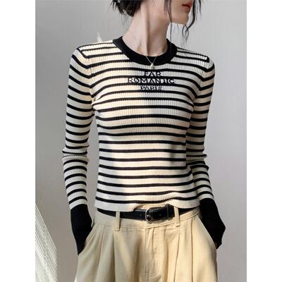 字母印花撞色圆领条纹长