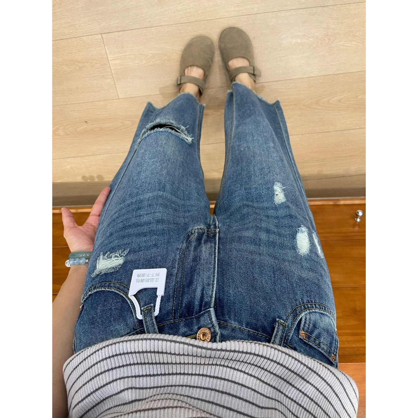 破洞牛仔裤女夏薄款九分直筒裤梨形身材胖mm显瘦遮胯小个子阔腿裤