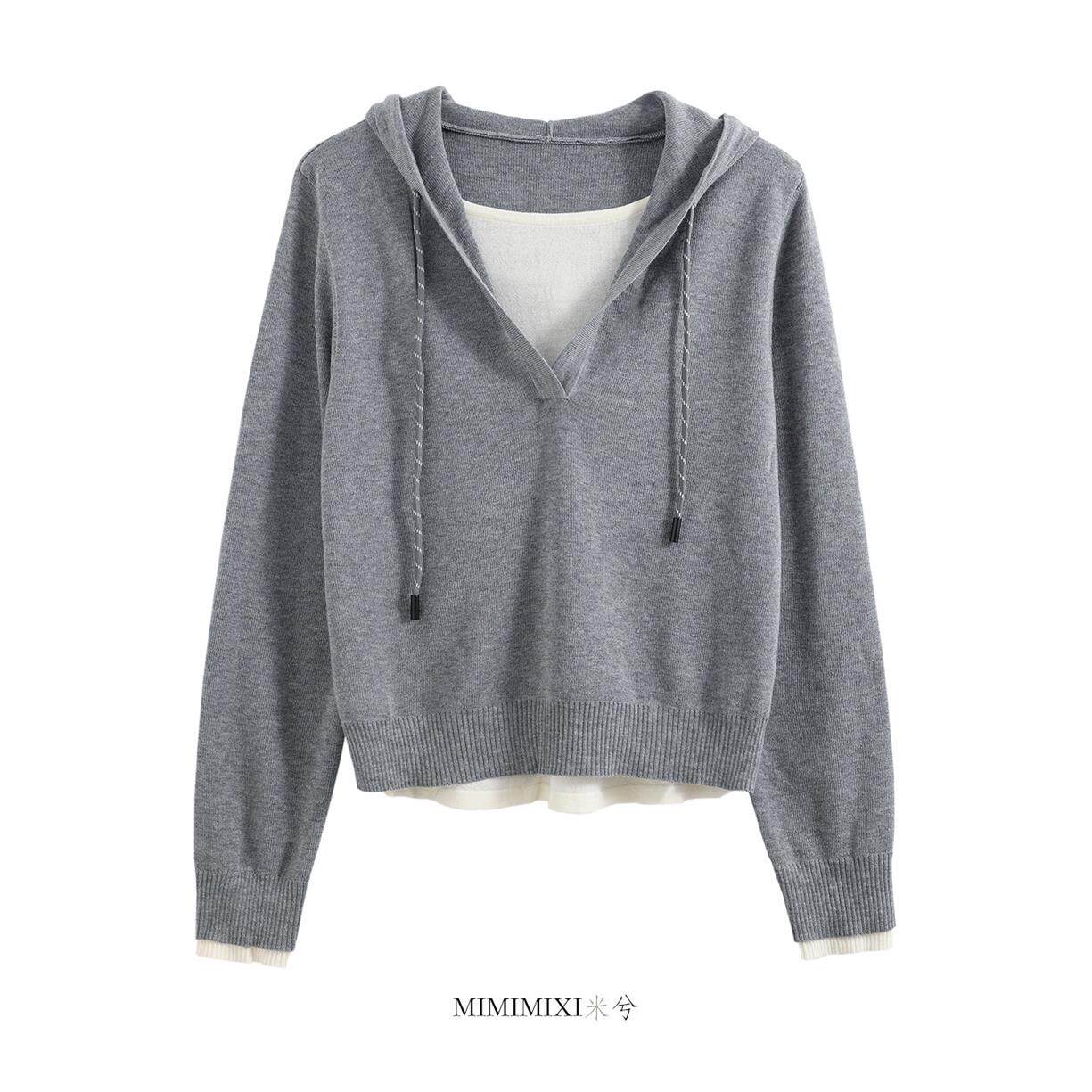 MIMIMIXI 连帽假两件针织卫衣女2025秋季新款百搭宽松套头衫上衣