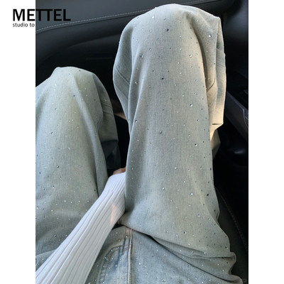 浅色满天星烫钻阔腿牛仔