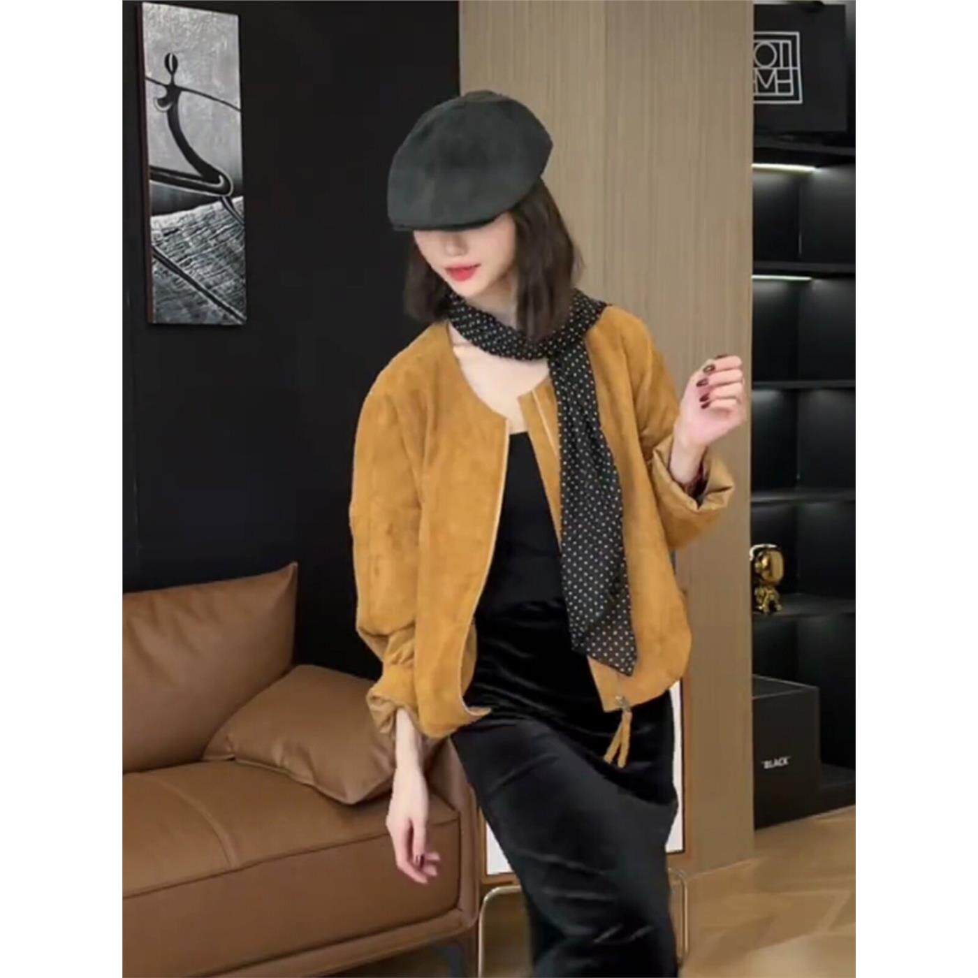 绒面革女式夹克2025新款春秋季小高端轻成熟风格宽松修身圆领上衣