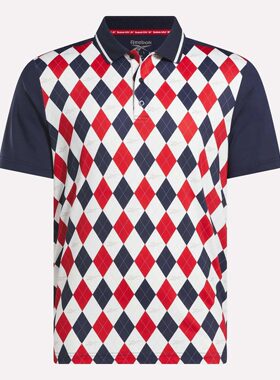 代购Reebok高尔夫短袖衫男弹力格纹新款Vector Argyle Print Polo