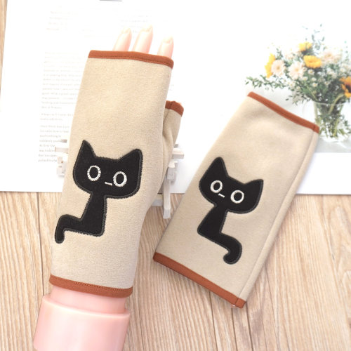 可爱萌系猫咪加绒保暖露半指手套