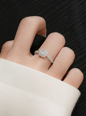 S999纯银足银方糖戒指女ins小众轻奢高级感方钻链条食指开口指环