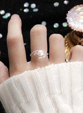 S999纯银足银戒指天然淡水珍珠竹节锆石戒指轻奢叶子食指戒指环女