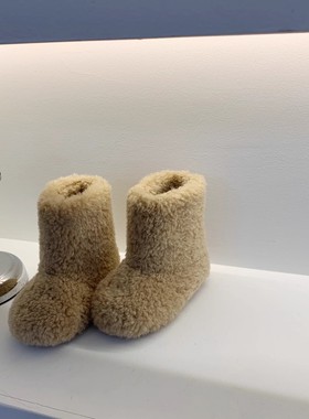 Milo7c-自制 冬季加绒保暖中筒靴纯色百搭白色一脚蹬套脚毛毛靴鞋