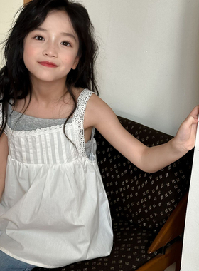 Milo7c-自制 韩风夏季女童白色百搭花边吊带衫舒适阔腿牛仔九分裤