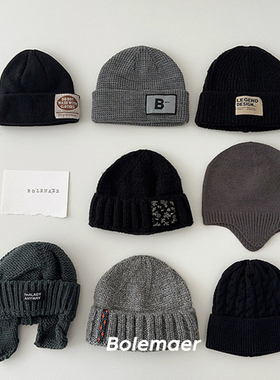 Milo7c-自制 冬季凹造型黑灰色ins儿童针织帽子保暖百搭款毛线帽