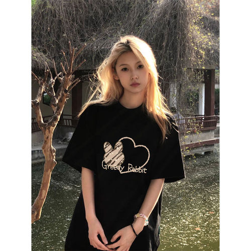 黑色春夏季美式复古短袖t恤女