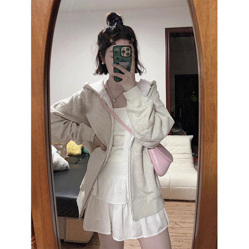美式复古灰色开衫连帽卫衣女春秋