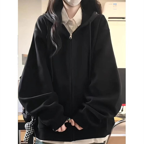 美式慵懒chic巨好看的女士卫衣2026新款早秋冬季加绒连帽黑色外套
