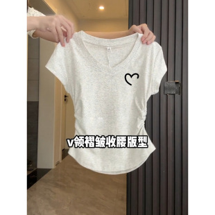 独特别致漂亮掐腰上衣 灰色v领设计感纯棉短袖 t恤女装 2025新款 夏季