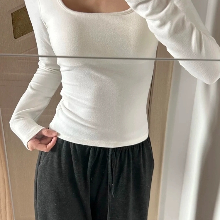 白色U领长袖t恤女装2025新款秋冬洋气内搭打底衫轻熟御姐穿搭上衣