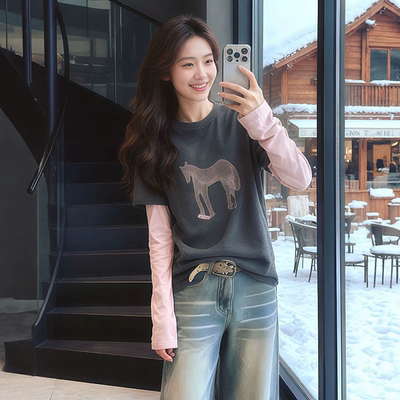 韩系高级好看的灰色假两件内搭打底衫女2026新款春季长袖t恤上衣