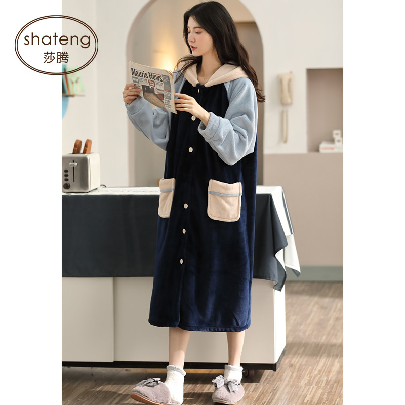 睡衣少女秋冬季珊瑚绒长款睡袍加厚加绒睡裙连帽法兰绒浴袍家居服