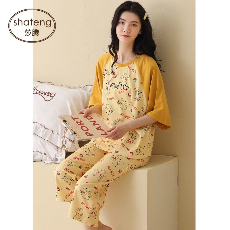 纯棉睡衣女短袖七分裤薄款夏天大码套头中袖家居服套装可外穿全棉