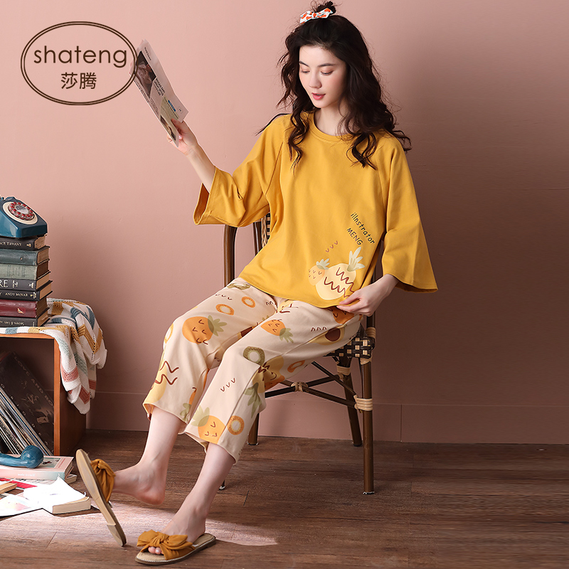 春秋宽松全棉中袖长裤两件家居服