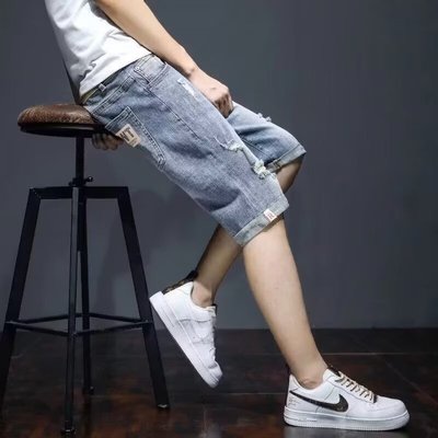 破洞休闲5分马裤男刮烂牛仔短裤