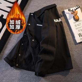 痞帅工装夹克男款加厚保暖棒球服冬季宽松情侣上衣加绒牛仔衫外套