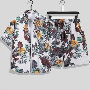 ins宽松夏威夷海边短裤 夏季 花衬衫 男短袖 痞帅情侣两件套 复古套装