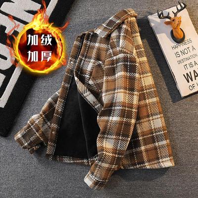 加绒加厚格子衬衫男款休闲衬衣秋冬季日系翻领夹克衫男生毛呢外套