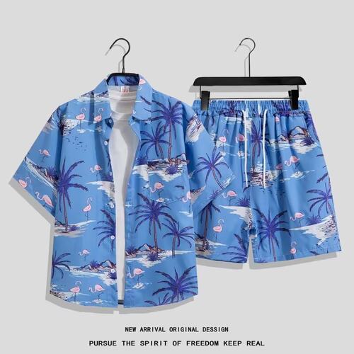 三亚沙滩服套装男海滩衬衫两件套