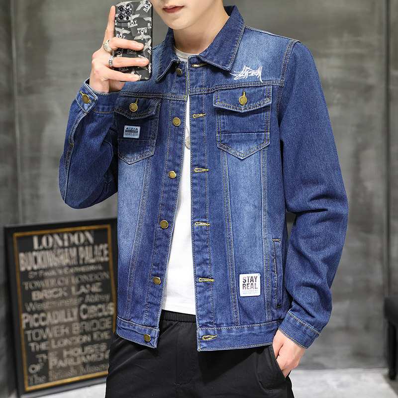 秋季字母刺绣牛仔外套男款百搭韩版修身夹克学生时尚潮流帅气衣服