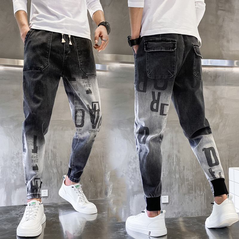 冬季九分束脚牛仔裤男士韩版渐变小脚裤潮男装字母松紧腰哈伦裤子