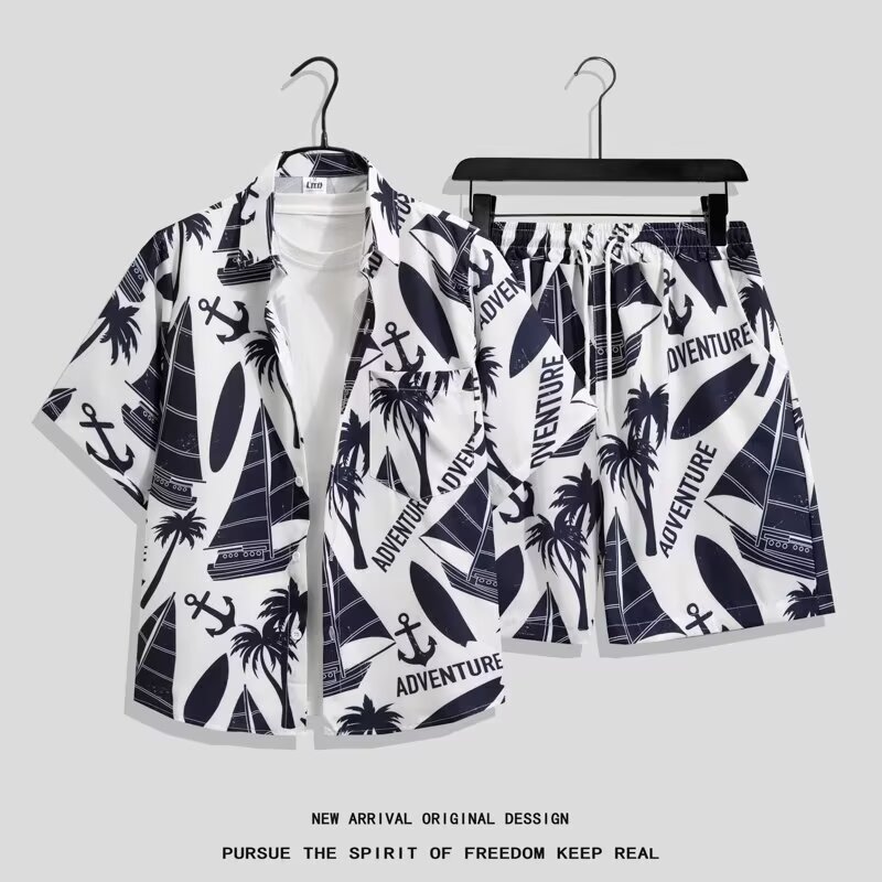 复古短袖花衬衫男休闲套装沙滩服