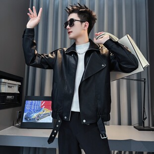 潮 机车皮夹克男装 翻领PU皮衣外套男生高级感宽松上衣男款 痞帅男士