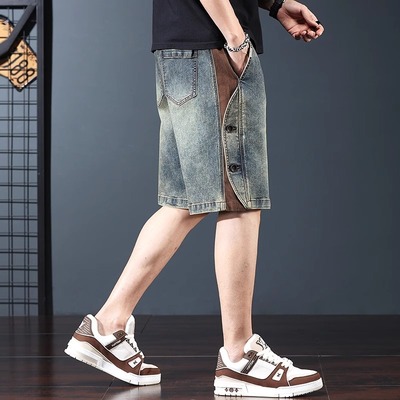 高端牛仔短裤男拼接工装五分裤潮